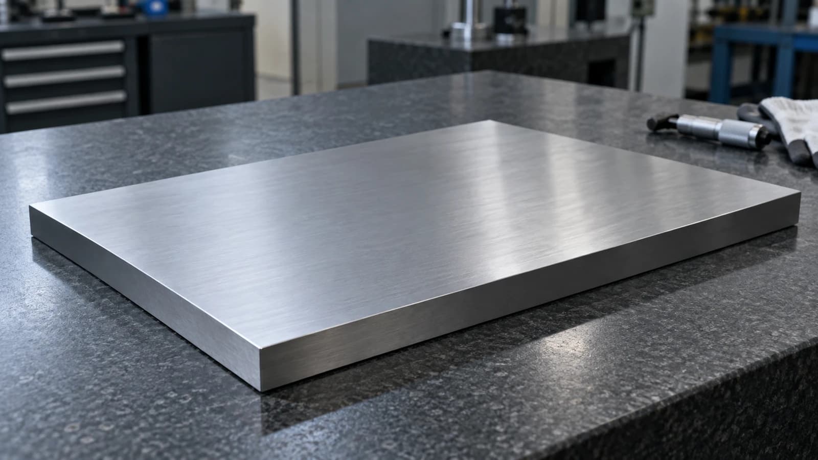 Finished steel plate on a workshop inspection bench beside a micrometer