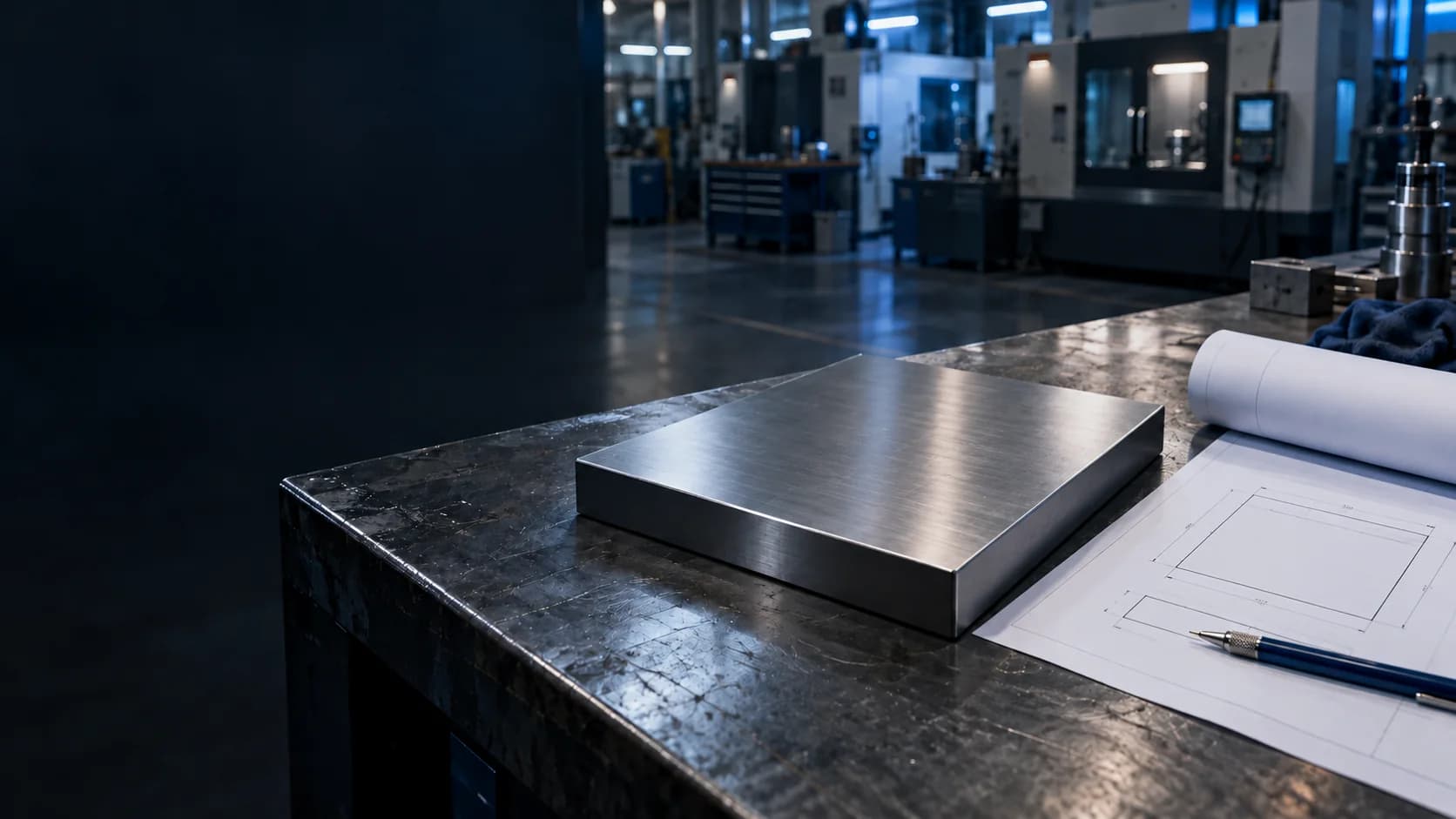 A plain flat steel plate beside a dimension drawing and pencil on an engineering workbench
