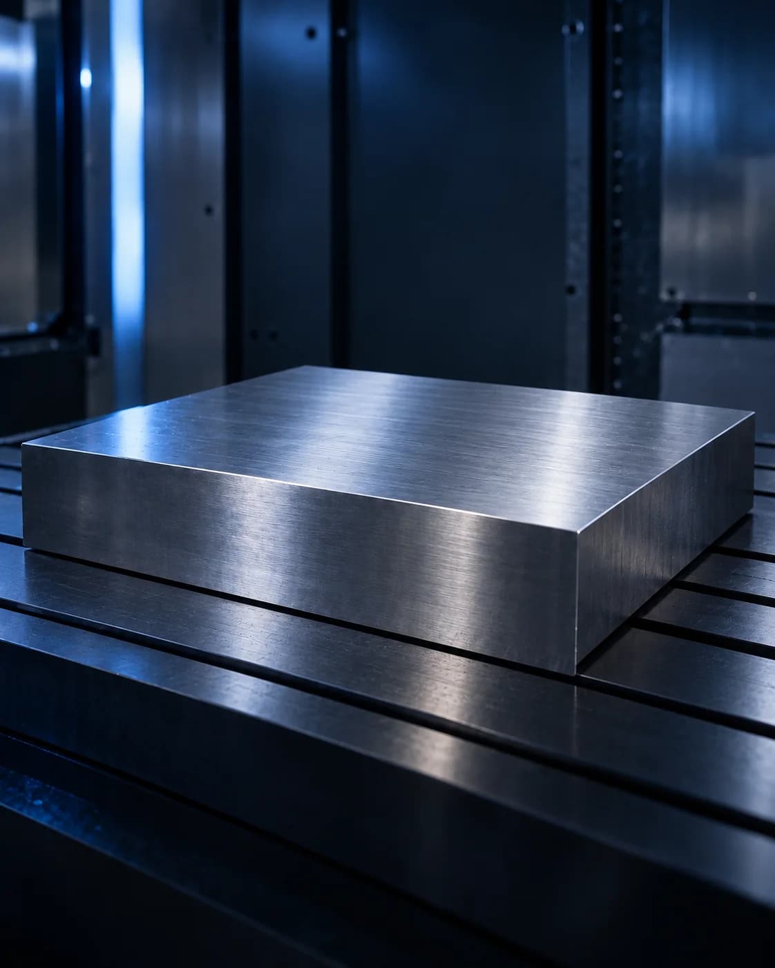 A plain flat steel plate with a smooth brushed surface on a workshop bench