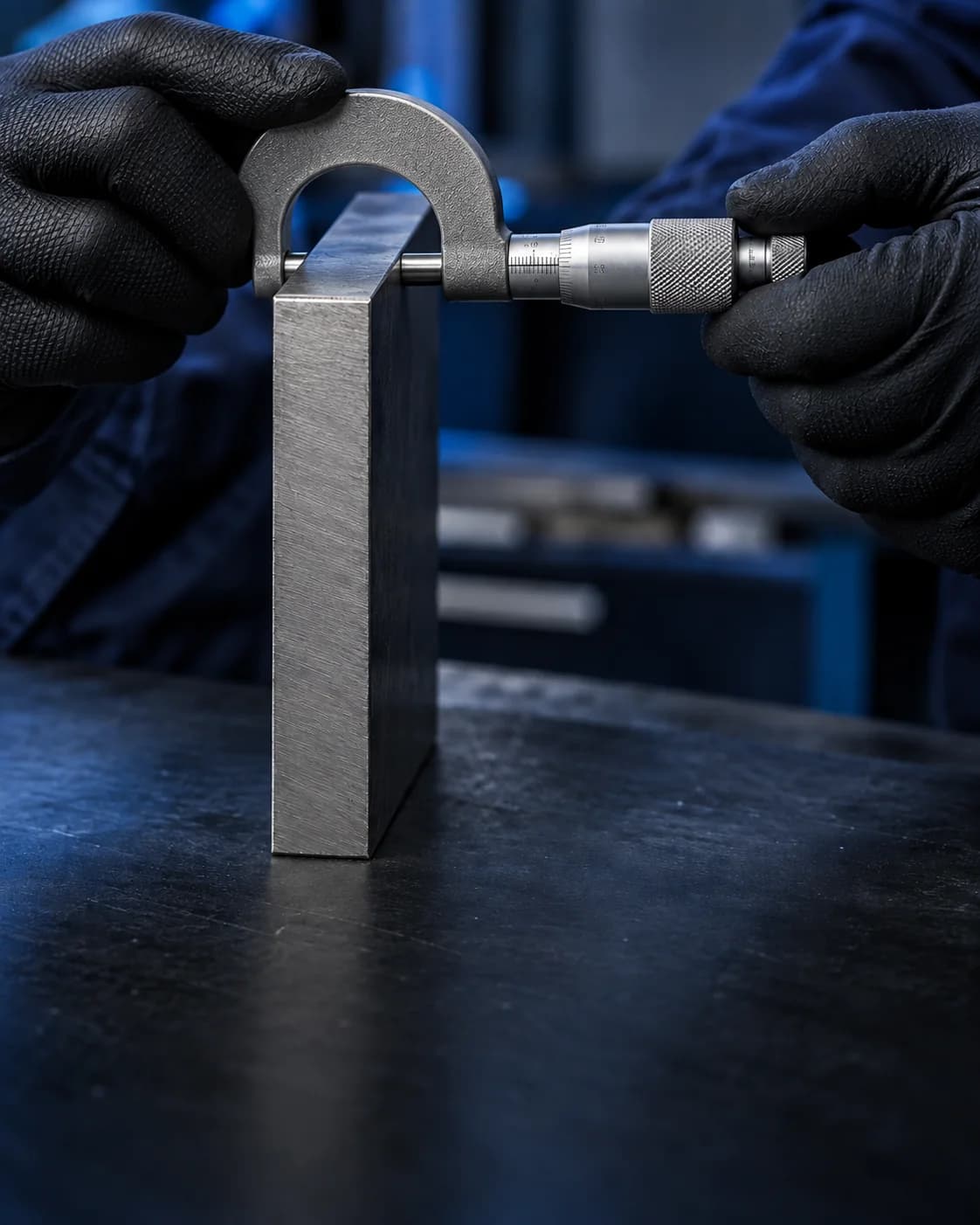 Gloved hands holding a micrometer above a plain steel plate to measure its thickness at the top edge