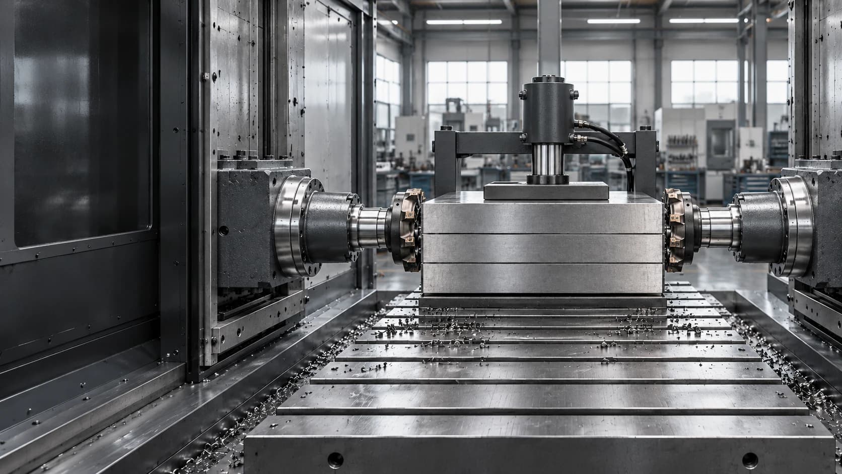 Wide view of opposing duplex milling cutters, clamped steel plates and the machine bed