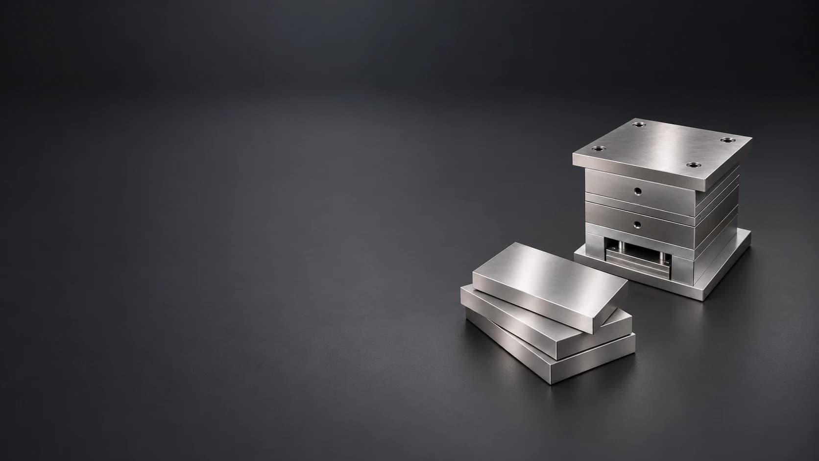 Smaller finished steel plates and an assembled mold base on a smooth matte charcoal surface