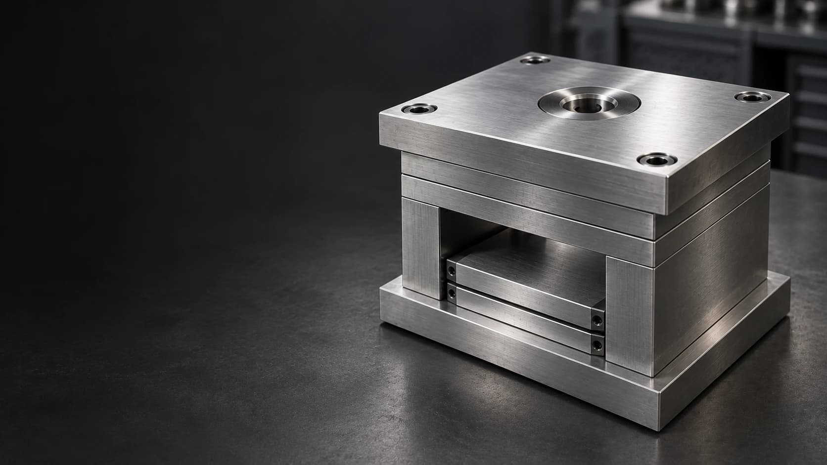 Assembled steel mold base with clamp, core, cavity and ejector plates on the right of a dark workshop