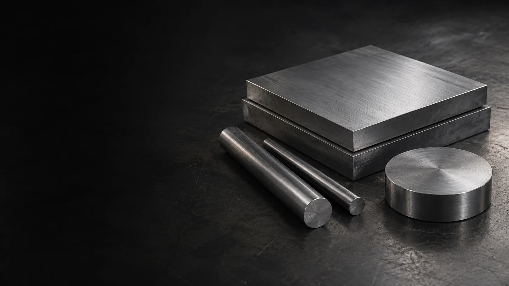 Precision-ground square steel plates, round bars and a round plate arranged on the right of a dark workbench