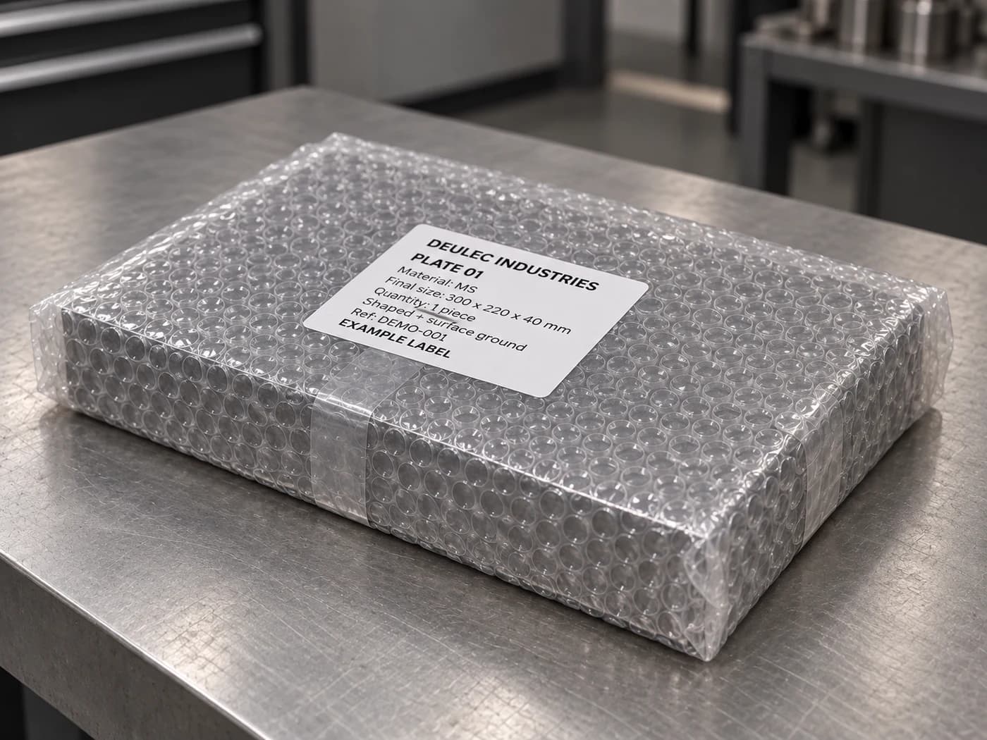 Illustrative finished steel plate enclosed in clear bubble wrap with an example Deulec identification sticker