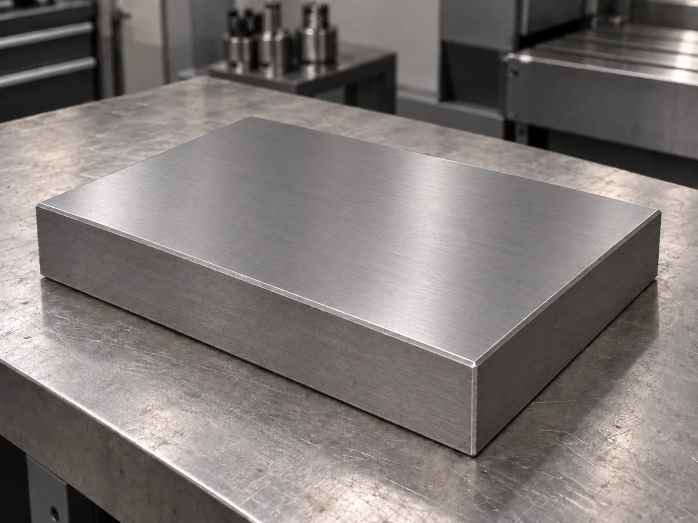 Illustrative prepared steel plate with a smooth ground top, milled sides and lightly deburred chamfers