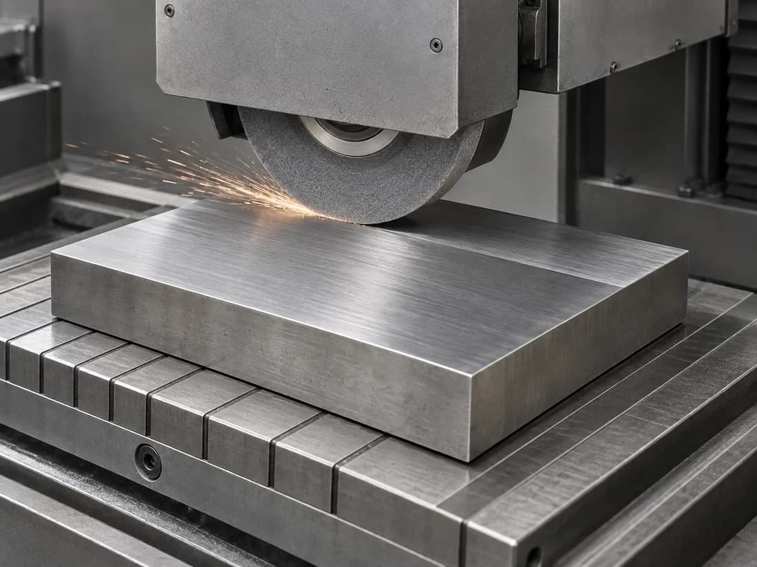 Surface grinding wheel finishing the top face of a steel mould plate