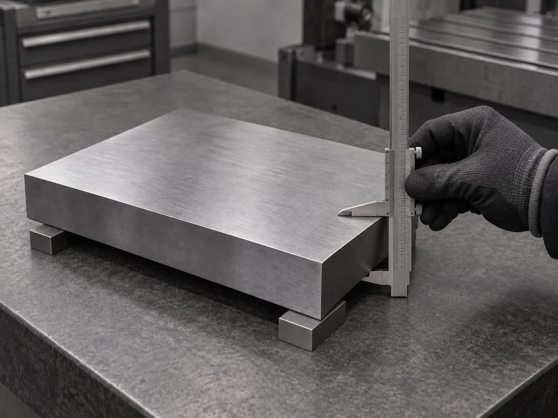 Vernier caliper inspecting the thickness of a finished steel mould plate