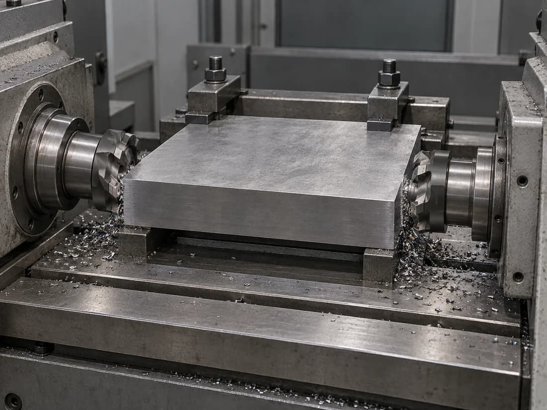 Opposed duplex milling cutters shaping the sides of a steel mould plate