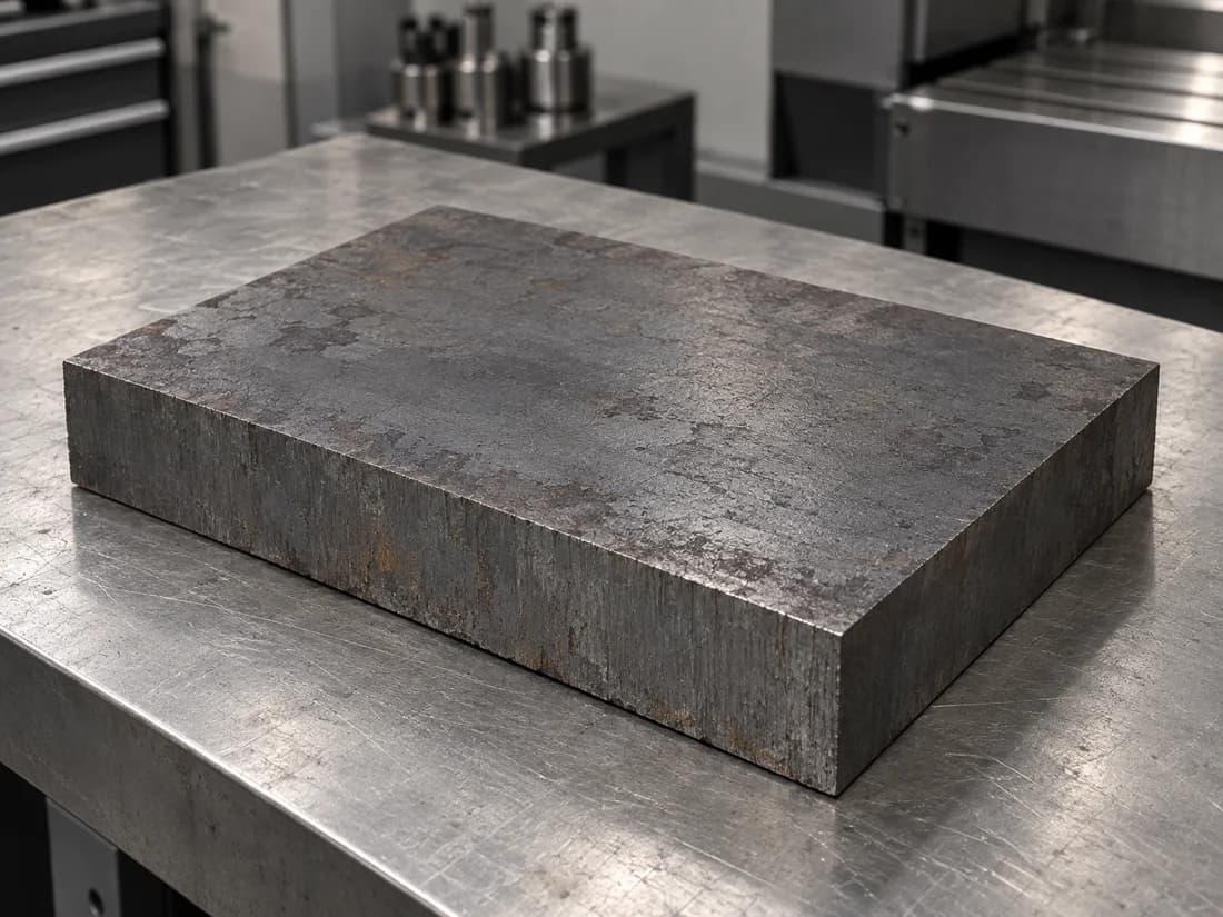 Raw rectangular steel mould plate with mill scale on a workshop bench