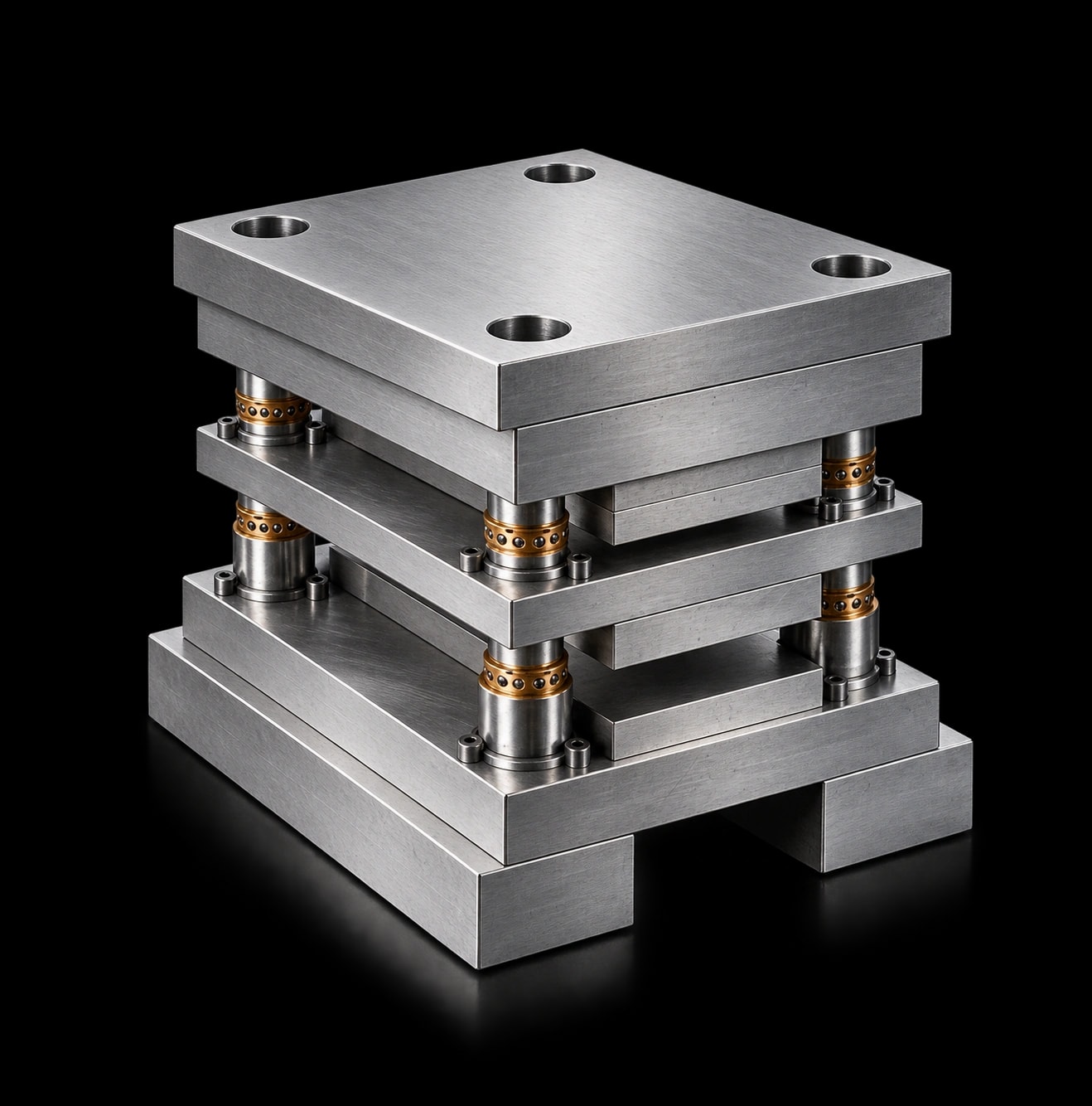 Steel die set with visible machining marks, guide pillars and bronze bushes