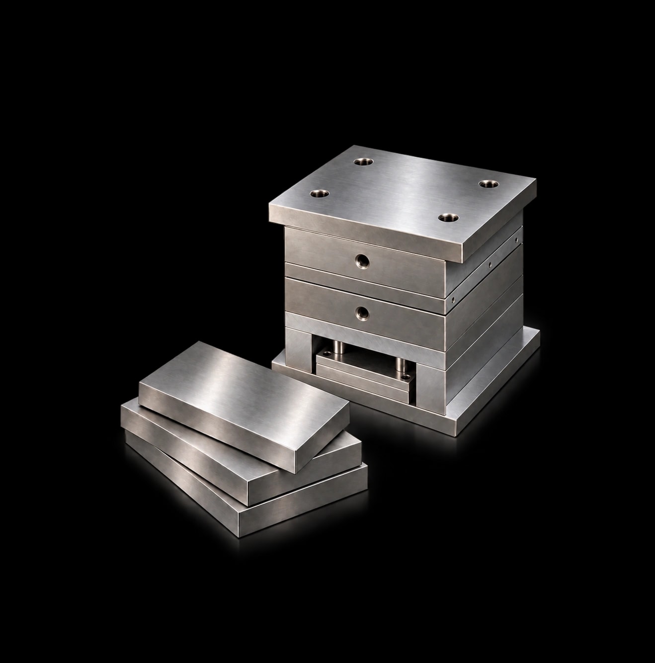 Finished steel plates beside a mould base with guide pillars and ejector plates, with visible grinding marks, grounded shadows and a faint floor reflection