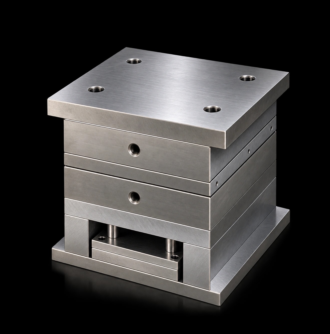 Machined steel mould base with ground plate faces, risers and ejector plates