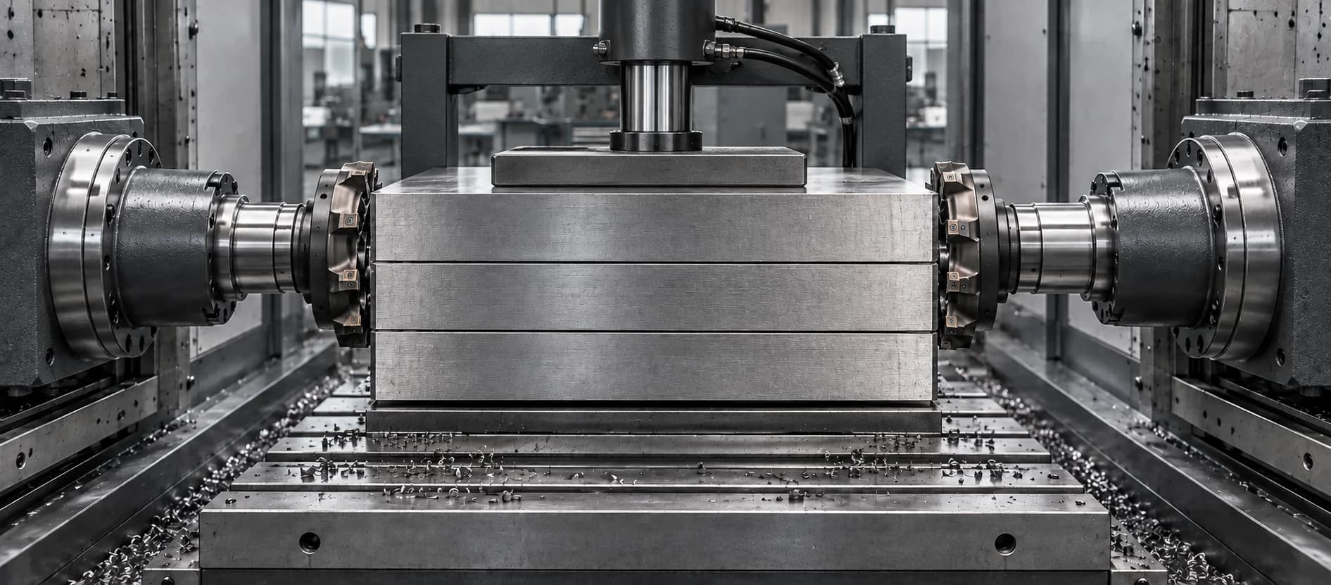 Duplex milling machine shaping three stacked steel mould plates held from above, with opposing cutters