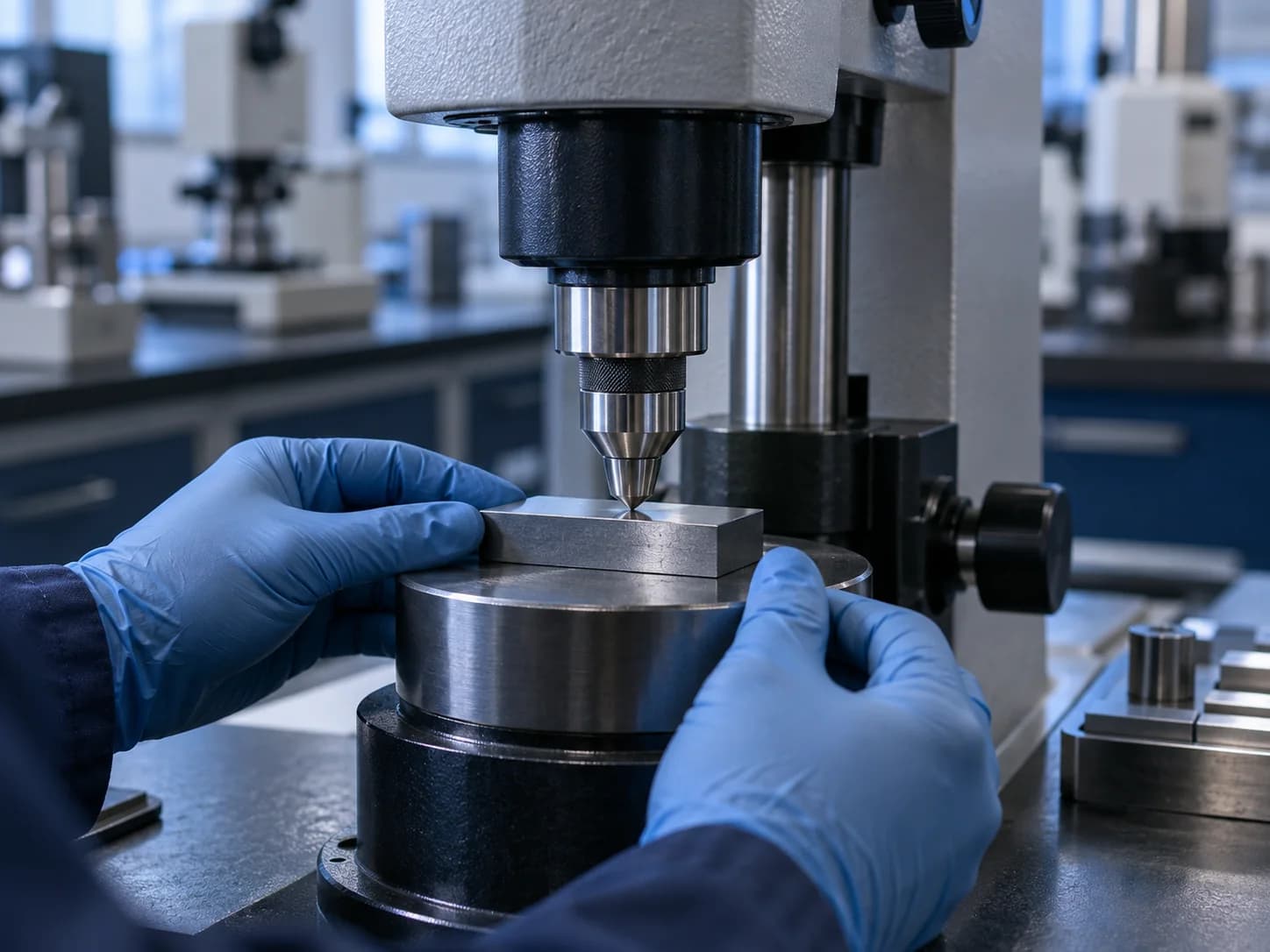 Gloved hands positioning a steel plate beneath a hardness testing machine