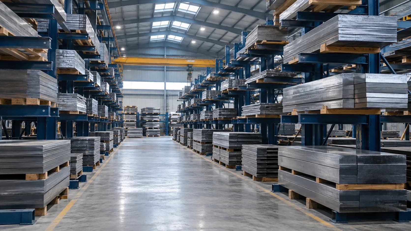 Stacks of finished steel plates stored on warehouse racks