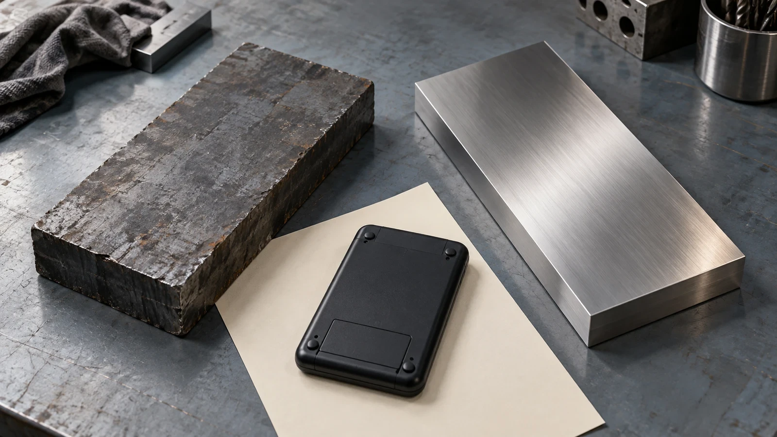 Illustration comparing a raw steel blank and prepared plate beside quotation paper and a calculator